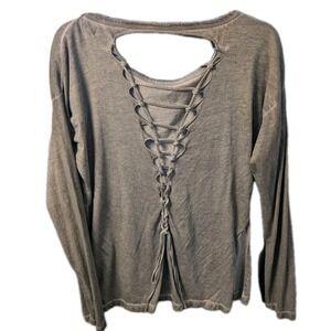 ONeill Women's L Shirt Braided Back Y2K Gray Long Sleeve  Shredded Mineral Wash